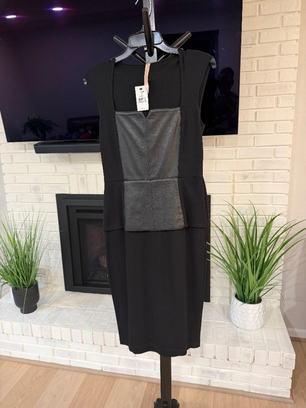 Bailey 44 Black Faux Leather Panel Peplum Sheath Dress Size M NWT